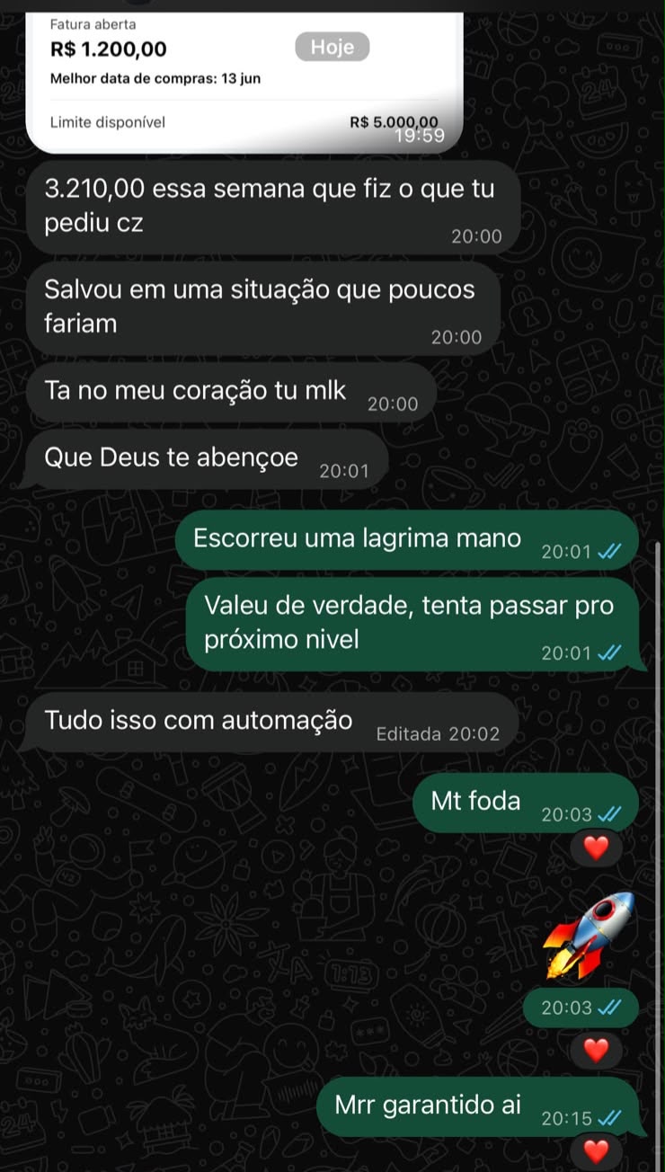 Print de conversa no WhatsApp com resultado de R$ 3.210,00