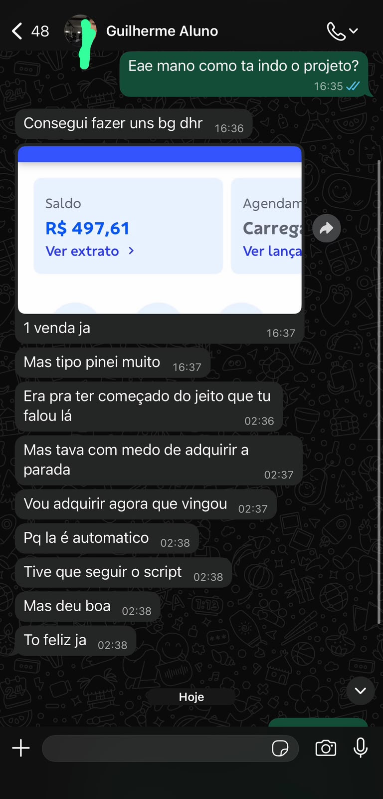 Print de conversa de aluno relatando primeira venda