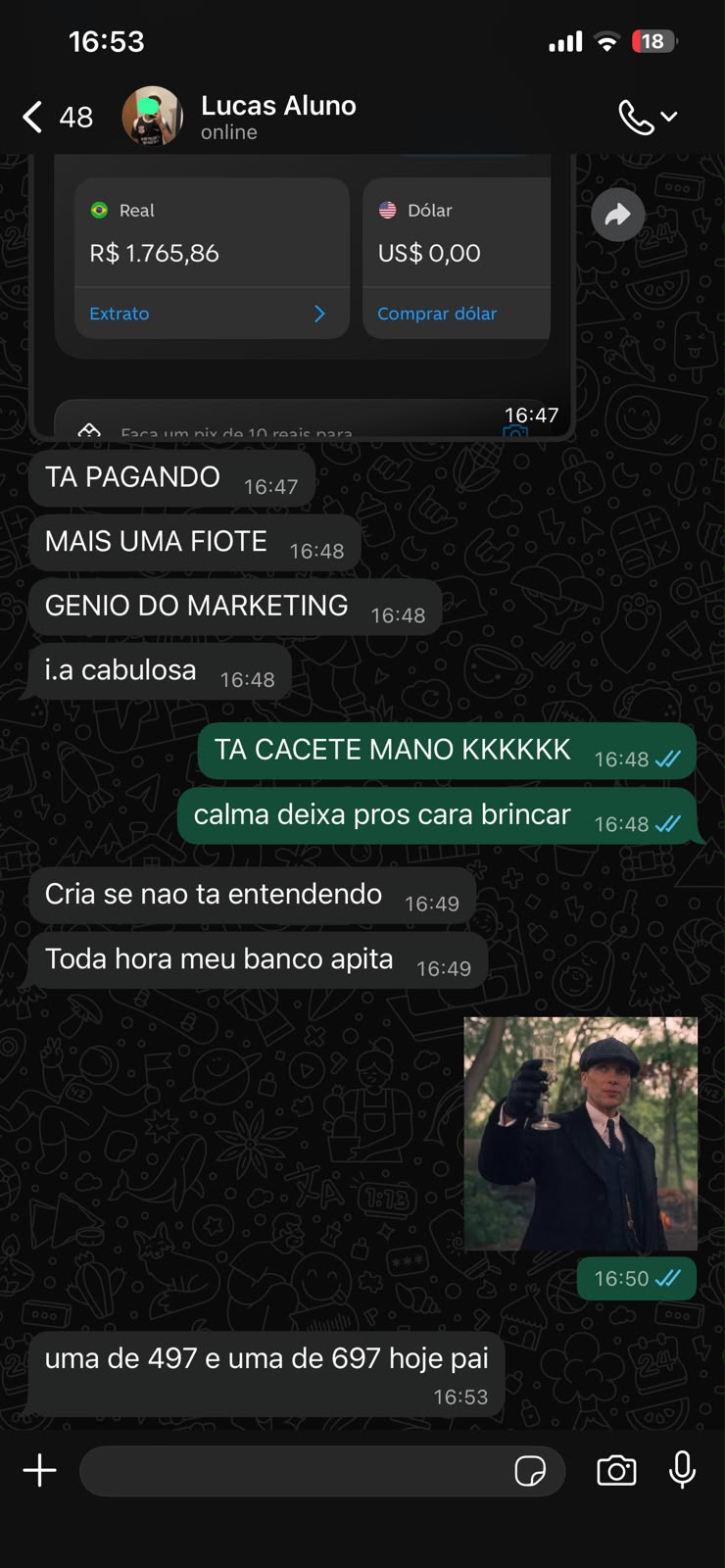 Print de conversa de aluno com vendas de 497 e 697
