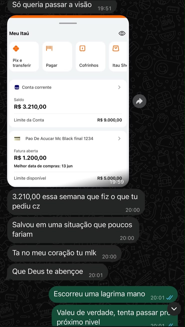Print de conversa no WhatsApp mostrando saldo em conta